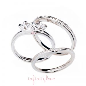 お花モチーフのプラチナの婚約指輪と結婚指輪のセットです。
