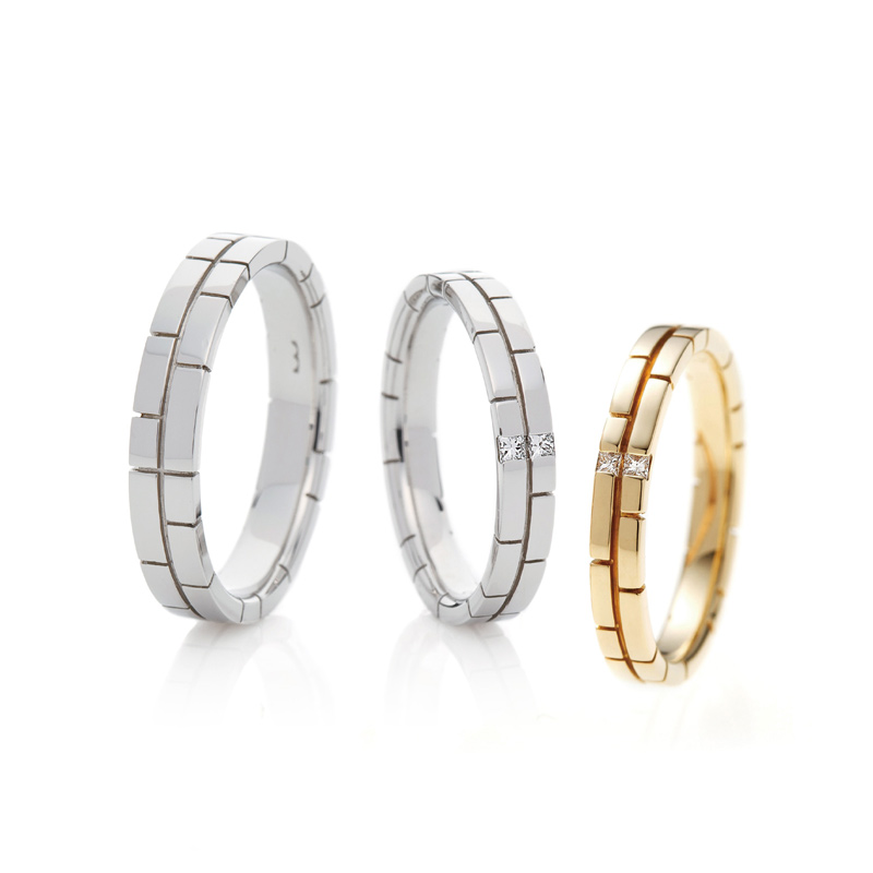 女性用結婚指輪はプリンセスカット四角いダイヤモンドがかっこいいハード系で男性にも人気のフラットストレートのマリッジリング