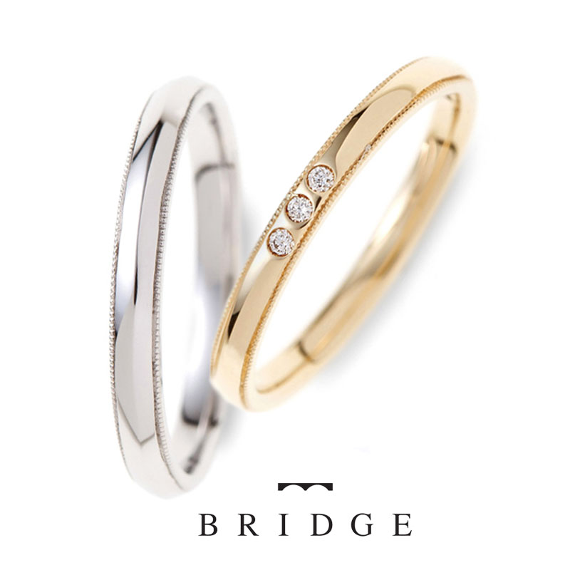GURU&CURU Trad　BRIDGE銀座がおススメするミルグレイン加工のシンプルなストレートの大人可愛い婚約指輪、結婚指輪