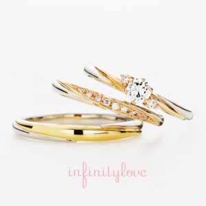 プラチナと金を使ったシンプルストレートのプラチナ婚約指輪と結婚指輪のセットです。