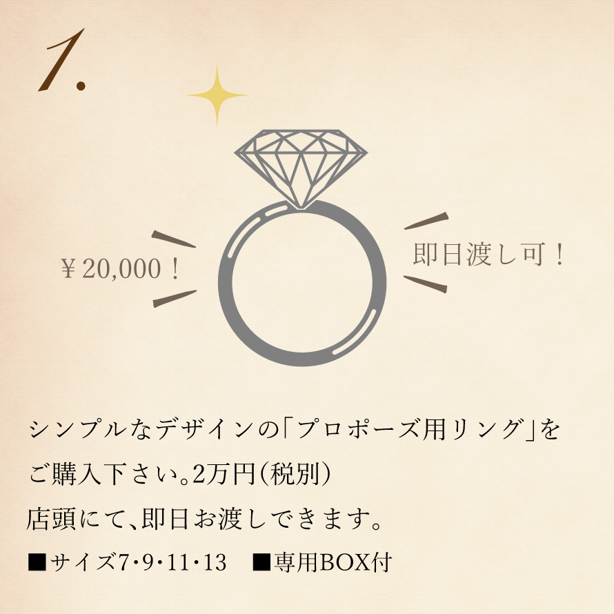 シンプルなデザインの「プロポーズ用リング」をご購入下さい。2万円（税別