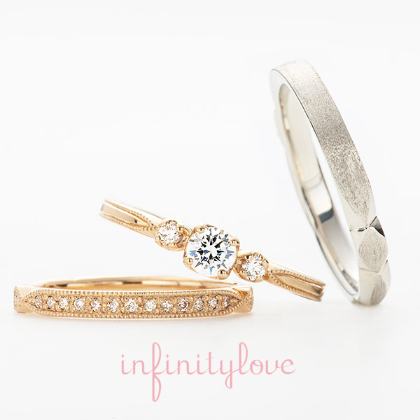 オシャレでかわいいピンクゴールドの婚約指輪と結婚指輪