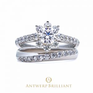 銀座で人気のAntwerpBrilliant　ヘイローデザイン婚約指輪　StarShineと美しいダイヤモンドラインとプラチナの輝きが融合した華やかなデザイン結婚指輪　Cross Of Light