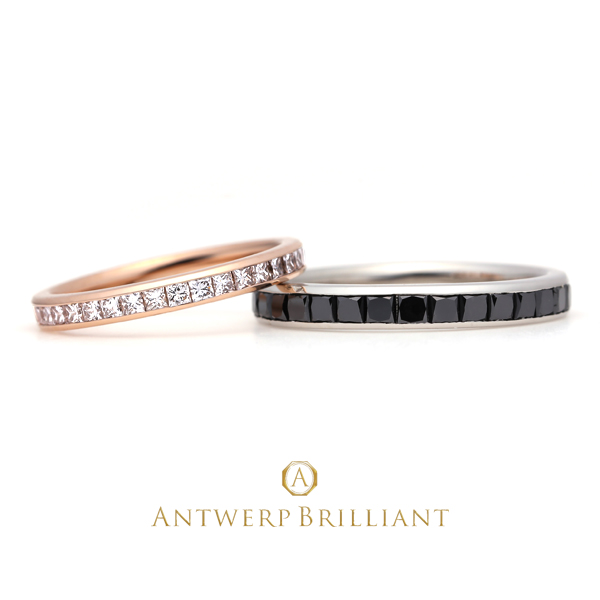 ピンクゴールドが可愛いエタニティリングと、ブラックダイヤモンドがオシャレなエタニティリングの結婚指輪