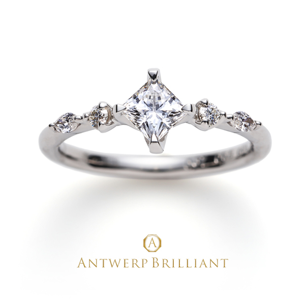 プリンセスカットダイヤモンドのオシャレでかわいい婚約指輪ファイブスターは、繊細なダイヤモンドセッティングがオシャレ。