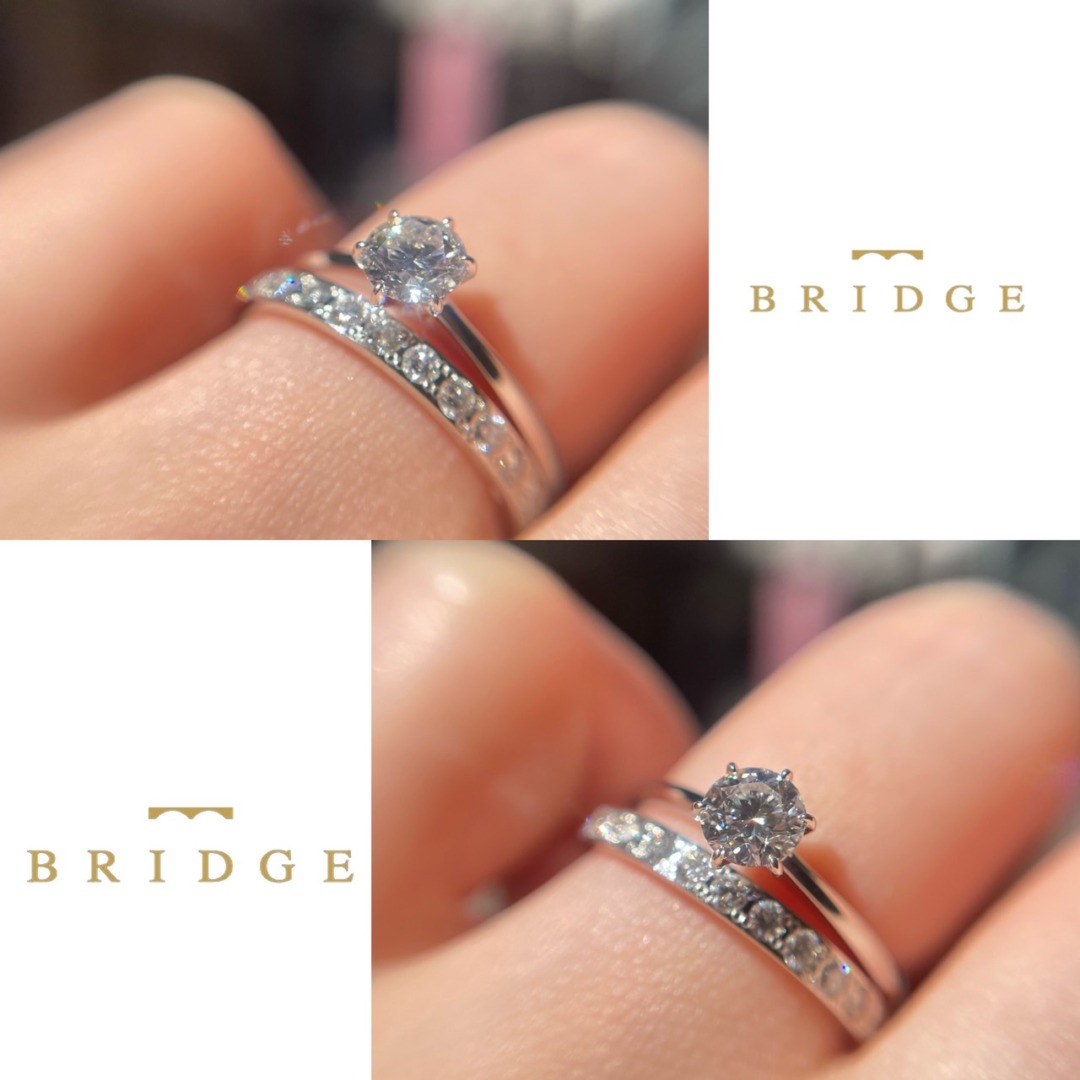 ハーフエタニティーリングの結婚指輪とシンプルなソリテールの婚約指輪の重ね着けは一輪の薔薇と煌めく水面