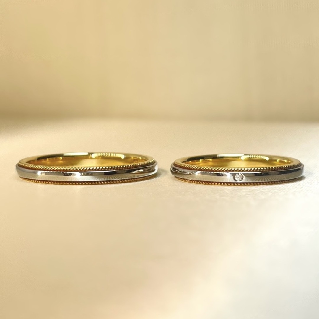 ミルグレイン、ゴールドとプラチナのコンビネーション結婚指輪、千の彩