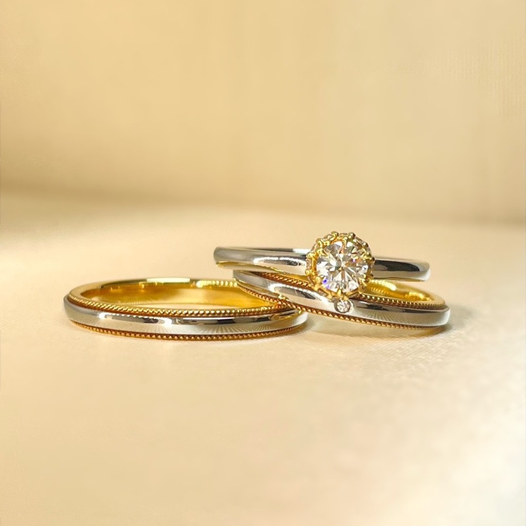 ミルグレイン、ゴールドとプラチナのコンビネーション結婚指輪、千の彩