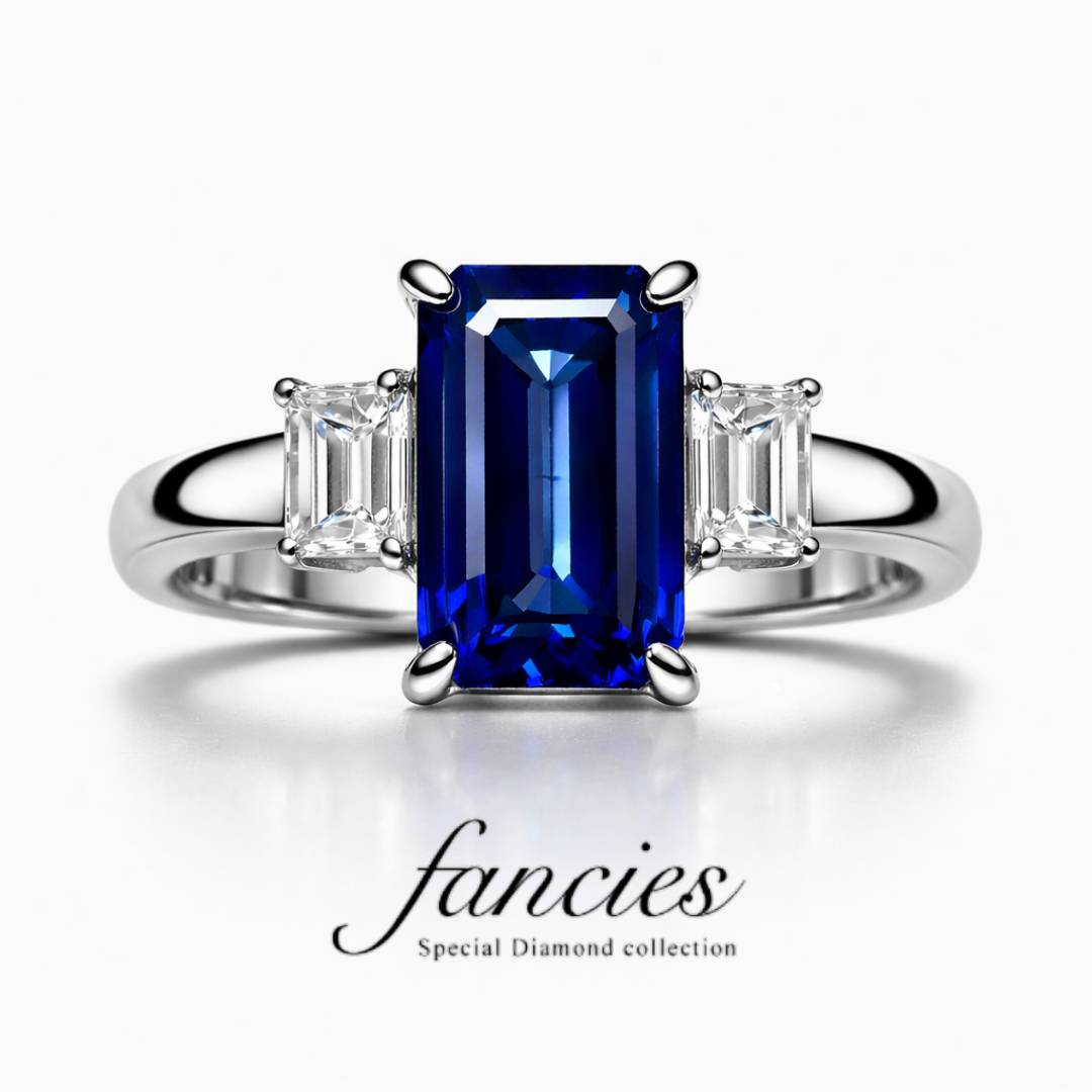 ステップカットのブルーサファイアを使用した婚約指輪